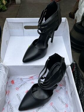 DbDk Fashion Black Pointed-Toe Multi-Strap Stiletto Heels